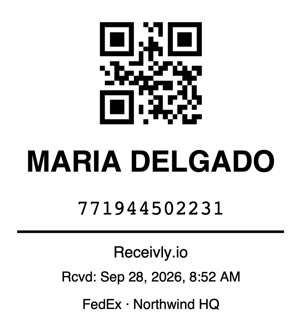 A Receivly parcel label: QR code, MARIA DELGADO, tracking number, received time, FedEx and Northwind HQ