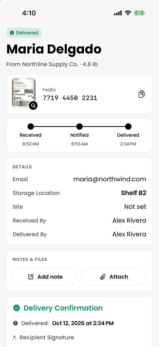 A delivered parcel record with times and signature