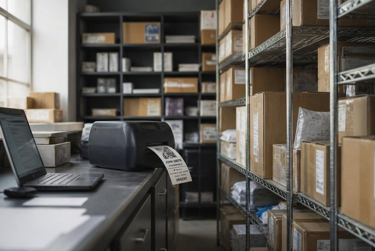 Mailroom shelves stacked with inbound parcels and a label printer