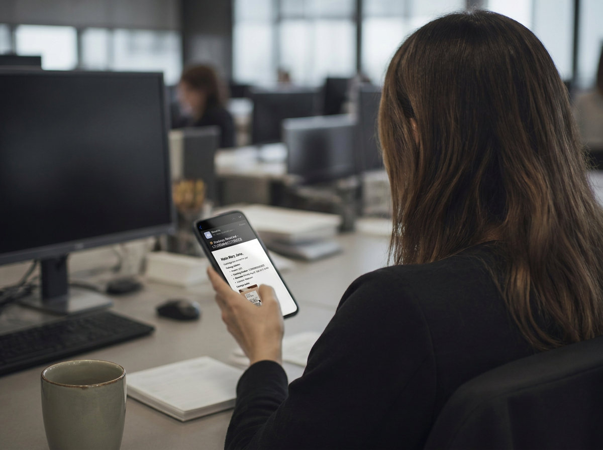Office worker reading a parcel arrival notification on their phone