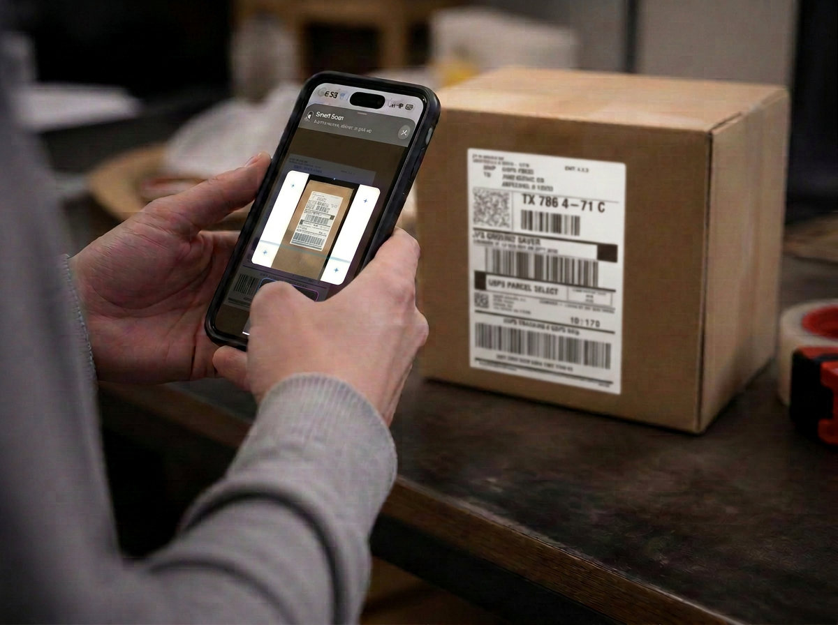 Mailroom staff member scanning a parcel label with a phone